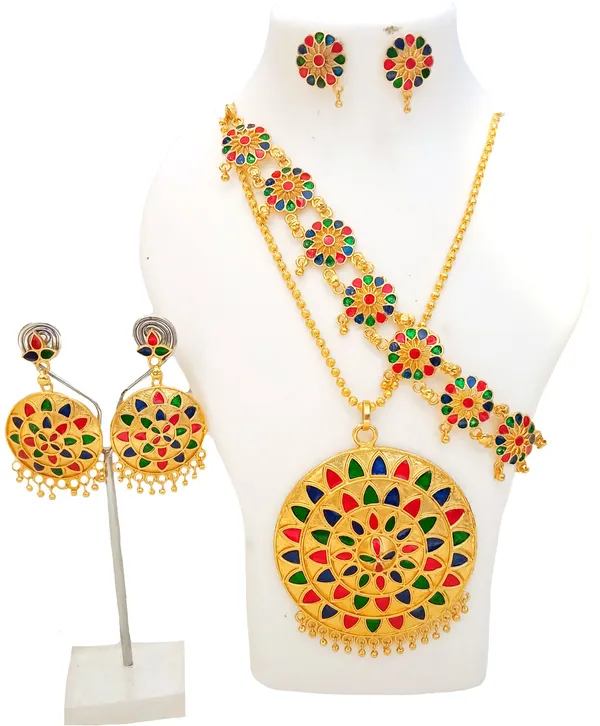 Assamese_Traditional_Gold_Plated_Multicolor_Pendant_Chain_Combo_Jewellery_Set_For_Women_&_Girl